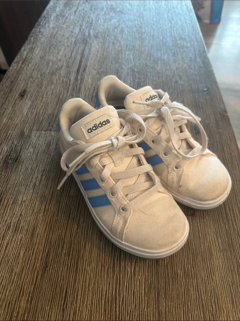 adidas Kids Cream Sneakers with Blue Stripes